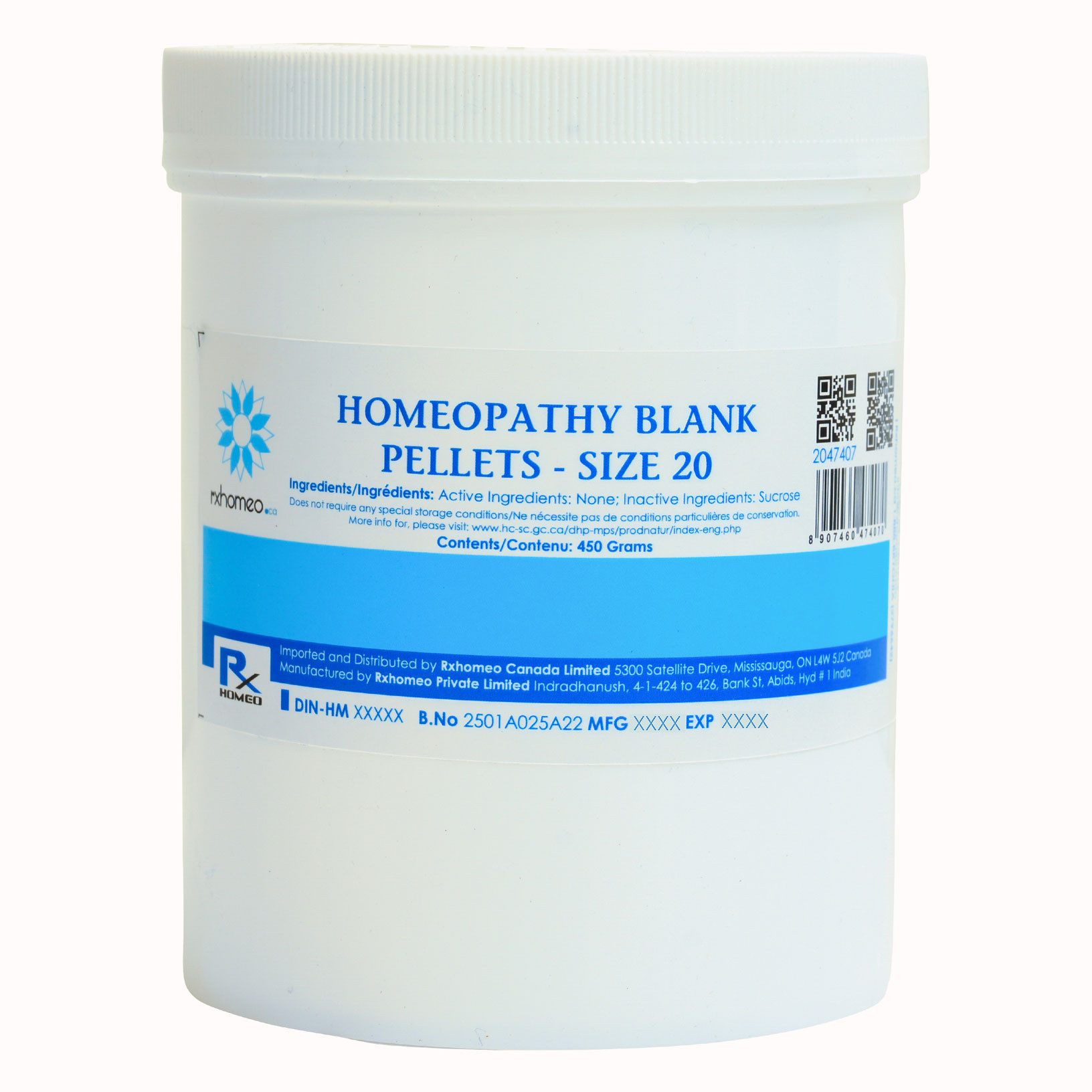 HOMEOPATHY BLANK PELLETS Size 20 - English and French Label for Canada